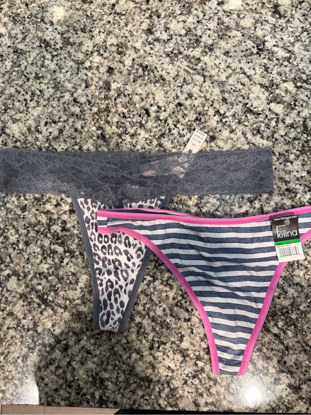 Striped & Leopard Print Thong Set in Gray and Pink